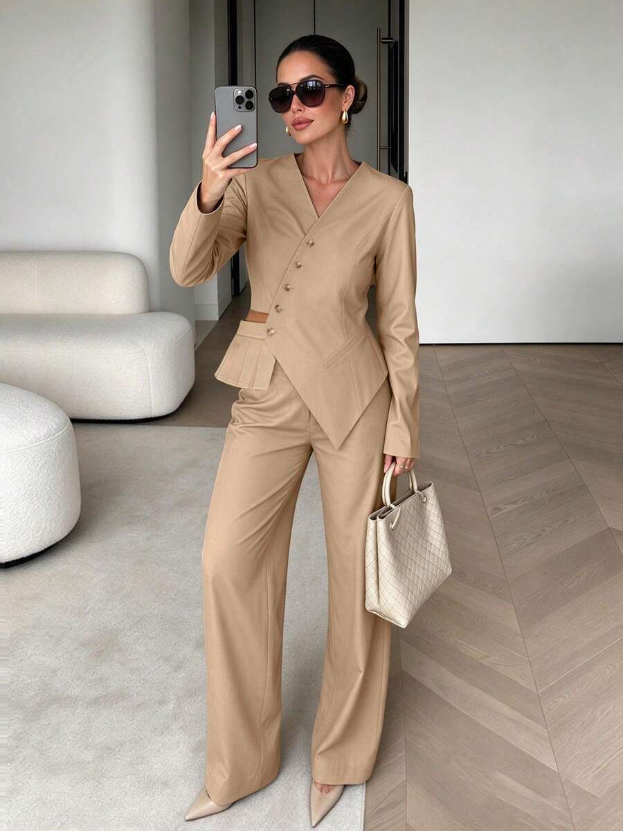 2pcs Solid Color Elegant Casual Pocket Button Women's Two Pieces Set For Office And Daily Wear, Autumn - Khaki - View 1
