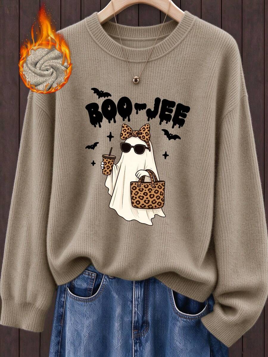 Women's Plus-Size "Boo-Jee" Ghost Print Crew Neck Long-Sleeve Faux-Knit Sweater – Casual, Versatile, And Festive For Fall/Winter;Halloween Graphic Top - Camel - View 1