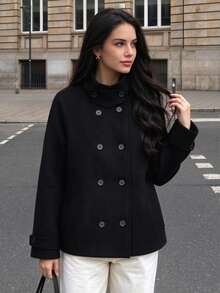 Autumn/Winter New Women's European & American Style Fashion Minimalist Raglan Long Sleeve Double-Breasted Overcoat - Black - View 1
