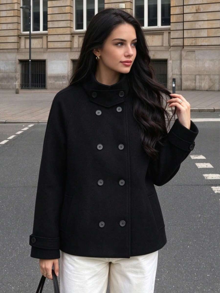 Autumn/Winter New Women's European & American Style Fashion Minimalist Raglan Long Sleeve Double-Breasted Overcoat - Black - View 1