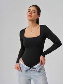 Women's Square Neck Slim Fit Jumpsuit, Solid Color, Slimming Design, Suitable For Outings, Sports, Home Leisure And Daily Wear - Black - View 3