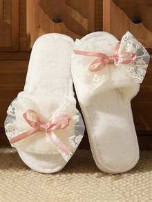 Women's Autumn/Winter Home Slippers, Lace Bow Design, Girly Style, Soft Indoor Lining, Comfortable Warm Anti-Slip, Fashionable And Beautiful, Suitable For Couples - White - View 1