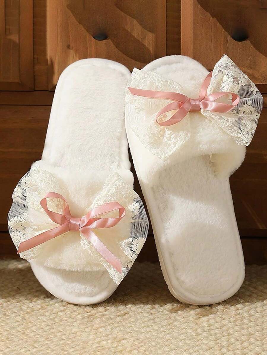 Women's Autumn/Winter Home Slippers, Lace Bow Design, Girly Style, Soft Indoor Lining, Comfortable Warm Anti-Slip, Fashionable And Beautiful, Suitable For Couples - White - View 1