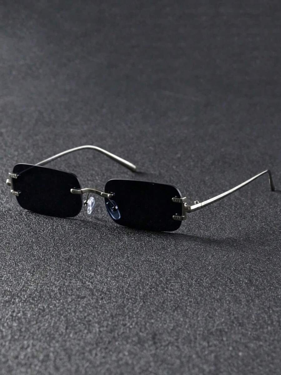 1 Pair Silver Gray Premium Vintage Rimless Fashion Glasses, Suitable For Outfit Decoration, Driving, Travel And Vacation Wear - Silver Gray - View 1