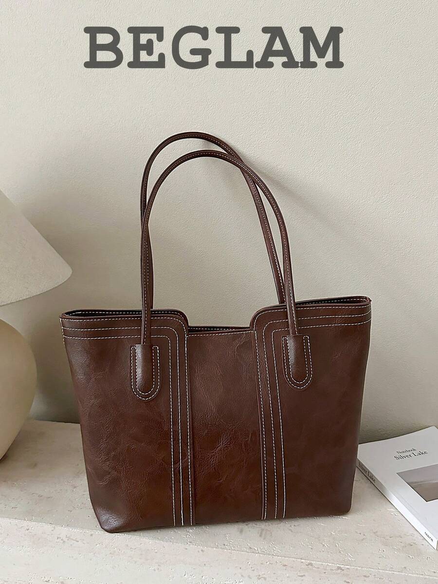 Fashionable Retro Solid Color PU Shoulder Tote Bag, Suitable For Women Shopping, Commuting And Daily Use - Coffee - View 1