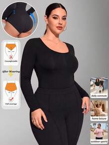 1pc Plus Size Long Sleeve Inner Shirt, Autumn/Winter Warm Base Layer, Seamless Knit Shaping Underwear, Tallas Grandes - Black - View 5