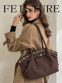 FEISTURE 1pc Rivet Embellished Women's Fan-Shaped Tote Bag, Suede Material Large Capacity Shoulder Bag, Suitable For Girls, Women, College Students, New Professionals And White-Collar Workers, Perfect For Work, Business, Commute, School - Coffee - View 2