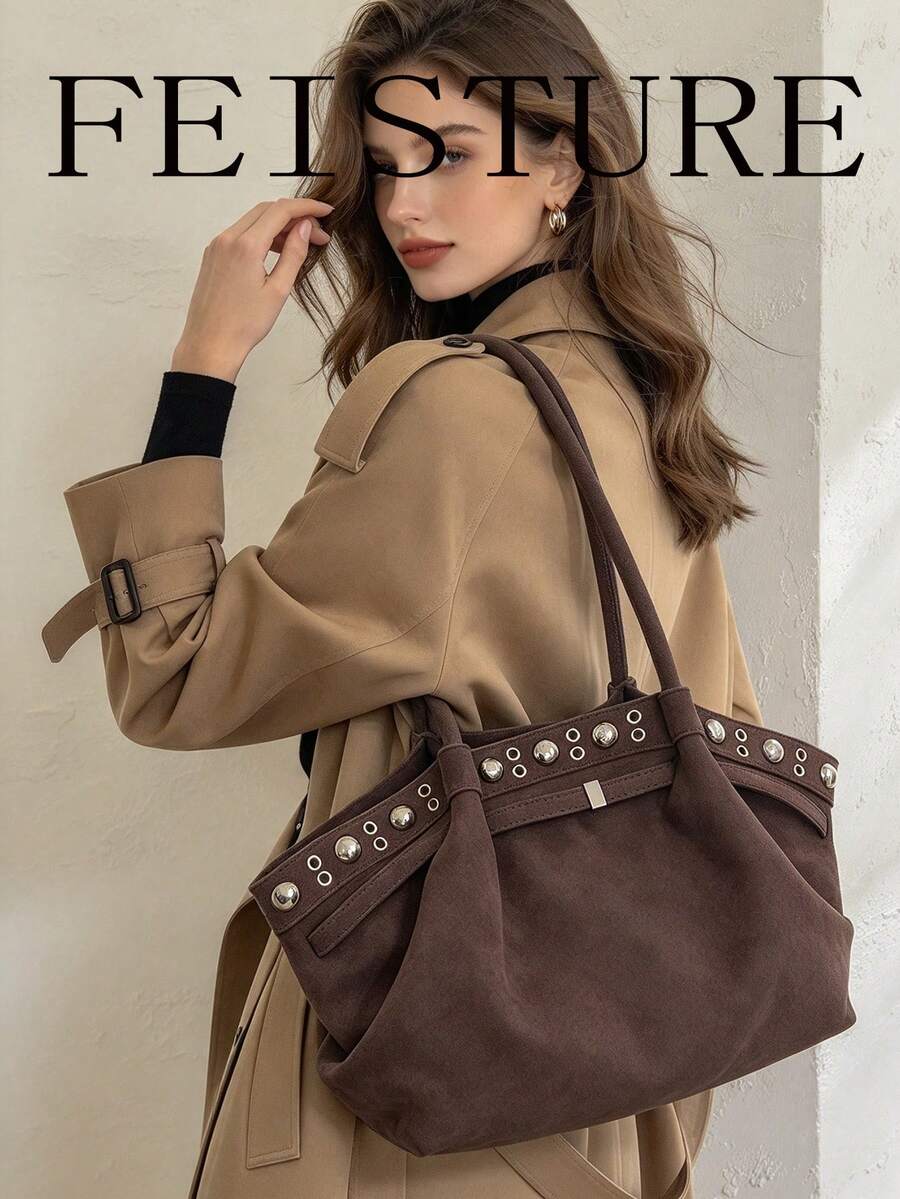 FEISTURE 1pc Rivet Embellished Women's Fan-Shaped Tote Bag, Suede Material Large Capacity Shoulder Bag, Suitable For Girls, Women, College Students, New Professionals And White-Collar Workers, Perfect For Work, Business, Commute, School