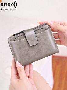 MIYIN Fashion Retro Small Compact Women Wallet RFID Blocking PU Bifold Purse With Zipper Coin Pocket Detachable ID Window,Multifunctional Daily Short Wallet - Grey - View 7