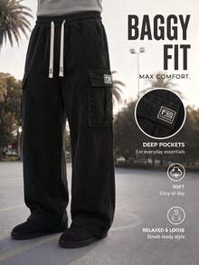 Men's Casual Sports Corduroy Cargo Pants, Loose Straight Leg Fit, Jacquard Design, Suitable For Home And Outdoor Activities,Couple Gift - Black - View 1