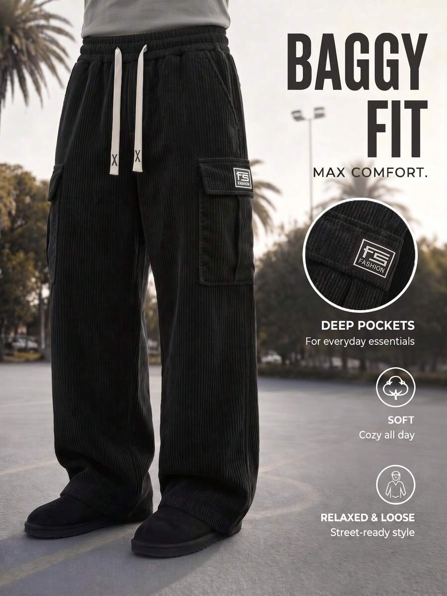 Men's Casual Sports Corduroy Cargo Pants, Loose Straight Leg Fit, Jacquard Design, Suitable For Home And Outdoor Activities,Couple Gift - Black - View 1