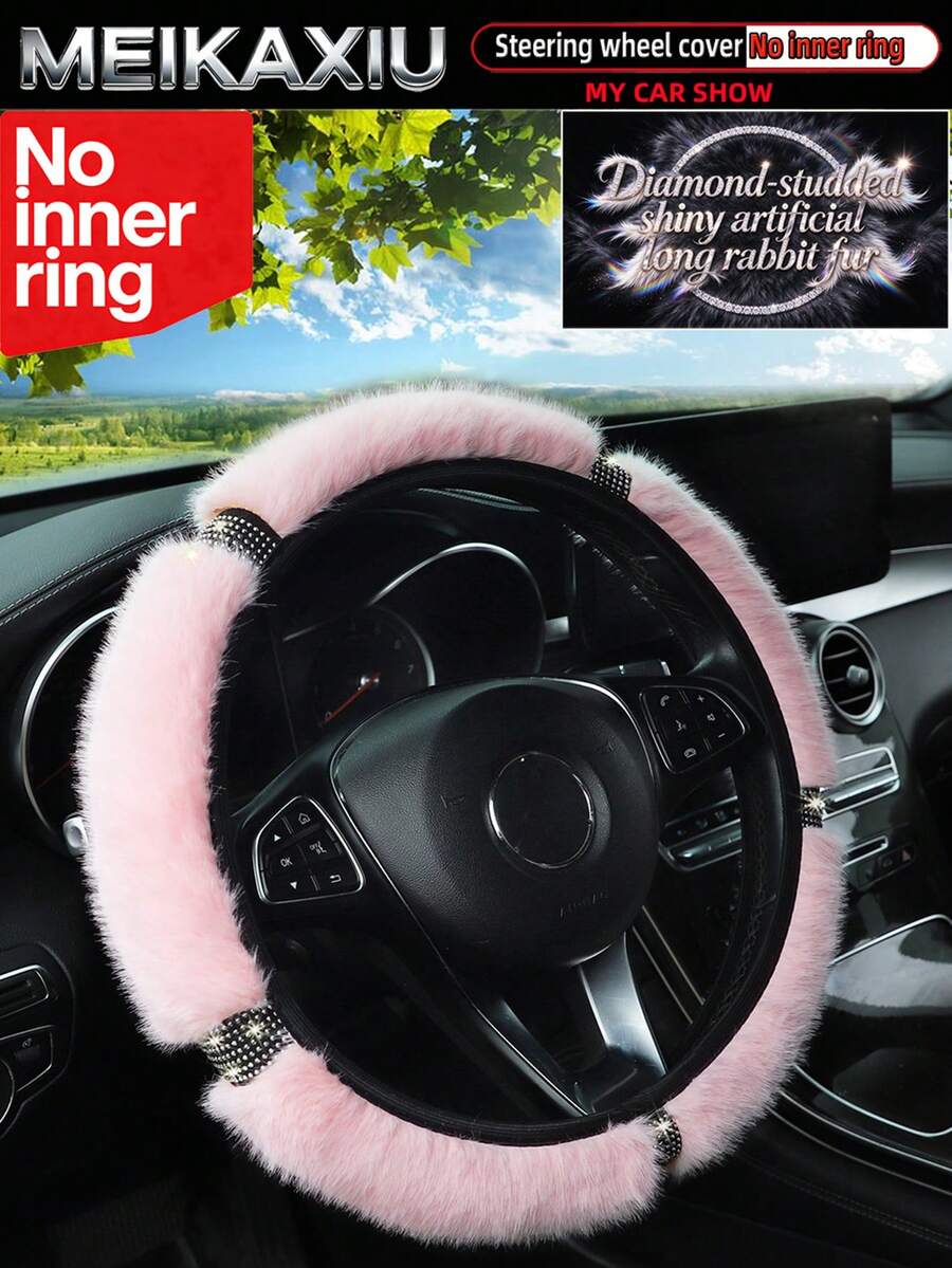 MEIKAXIU Artificial Long Rabbit Fur Rhinestone Bling Bling Car Steering Wheel Cover Without Inner Ring, Suitable For 38cm (15inch) Car Decoration Accessories For Women - Faux Rabbit Fur With Rhinestone Trim - View 1