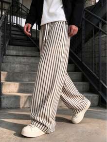 Men's Japanese Style Apricot Vertical Striped Wide Leg Pants, Drawstring Drape Straight Leg Casual Long Pants - Apricot - View 3