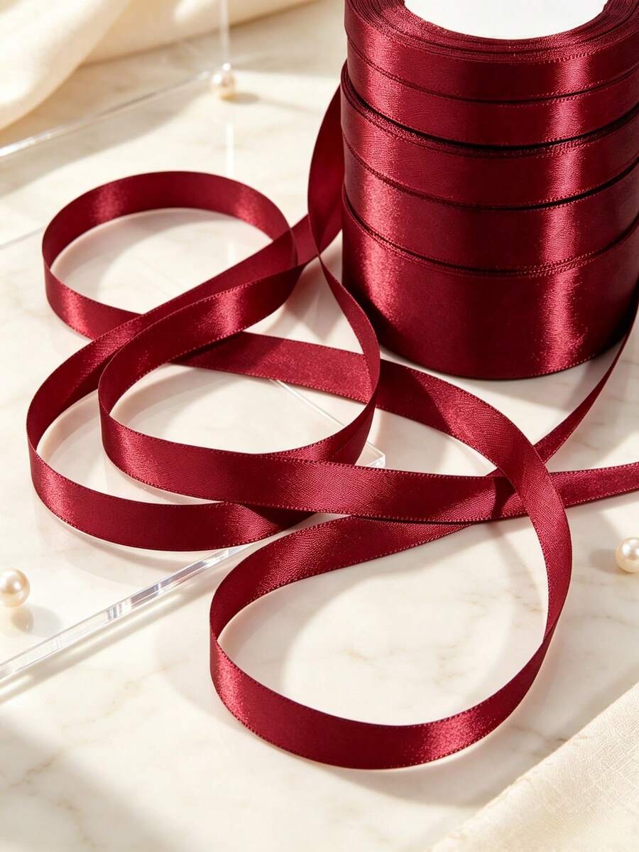 1 Roll Burgundy Silk Ribbon, Christmas Ribbon, Jewelry Display Packaging, Floral Gift Wrapping, DIY Party Decoration, Valentine's Day, Used For Table & Chair Decoration, Flower Gate, Gift Box, Cake Decoration, Clothing Accessories, Bow Ribbon - Claret - View 1