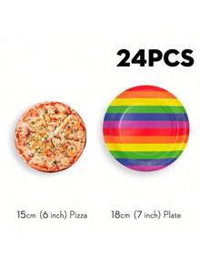 10/24pcs 7 Inch Rainbow Striped Paper Plates, Disposable Dessert Plates, Suitable For Birthday, Rainbow Theme, Summer Party, Picnic, BBQ, Pizza, Family Gathering, Outdoor Party, Dessert Table, Celebration, Party Supplies, Table Decor - Multicolor - View 9
