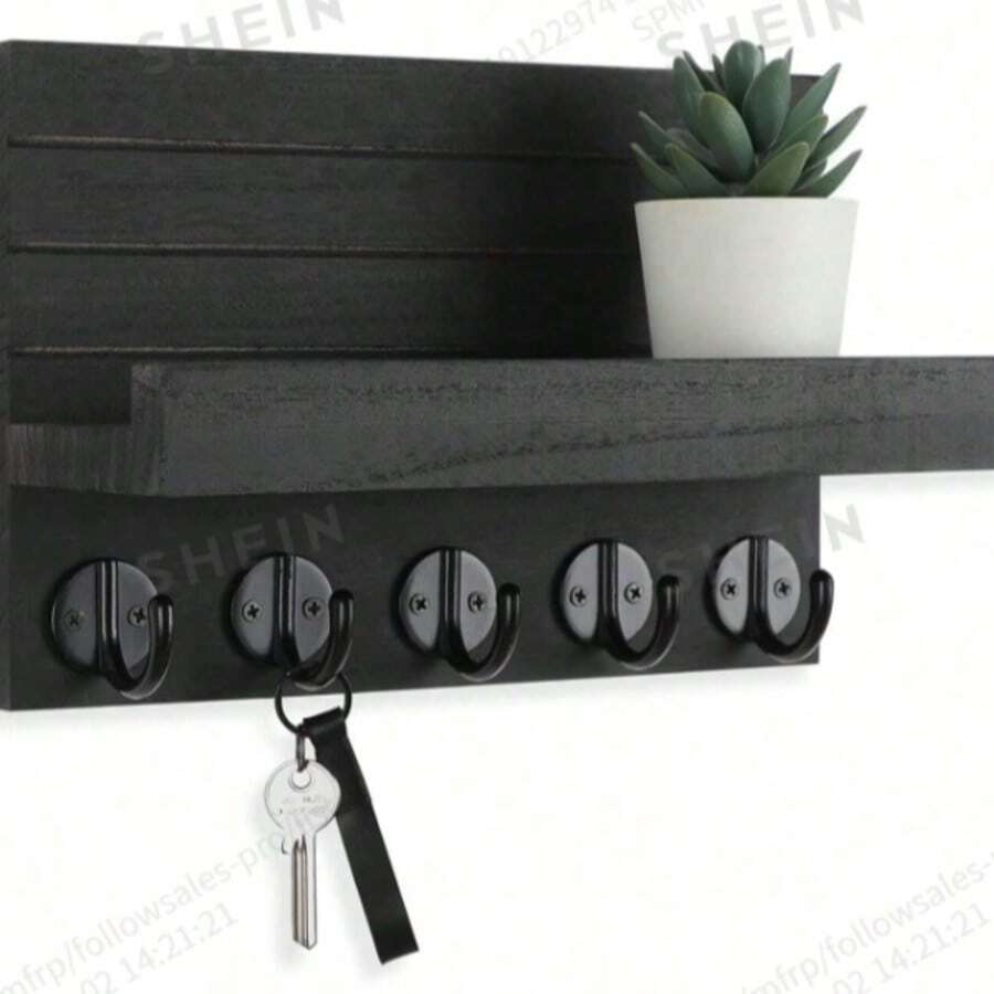 Wall Mounted Key Holder, Decorative Key And Mail Holder With Shelf, With Large Hooks For Bags, Coats, Umbrellas – Paulownia Wood Key Hanger With Mounting Hardware - 5 Hooks - View 1