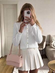 Women's Fall Winter Going Out Outfits Cardigang White Vintage Y2K Metal Buckle Ruffled White Soft And Sticky Knitted Sweater - White - View 5