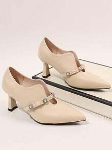 1 Pair Girl's Pointed Toe 7CM Stiletto Pumps, Soft PU With Rhinestone Buckle And Pearl Decor, Slip-On Design, Fashion Daily Commute Style, Wedding High Heels, Suitable For Daily Shopping, And Evening Parties - Apricot - View 6