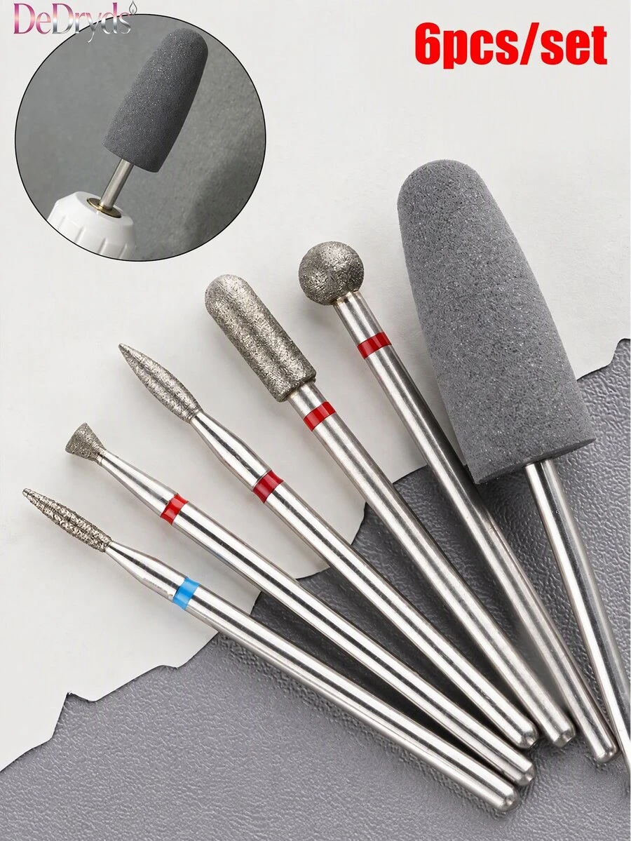 DeDryDS 6pcs Diamond Sand Nail File Drill Bits Cuticle Polishing Heads Nail Grinding Heads Electric Manicure Set, For Removing Acrylic Nails And Gel Nails - Home And Salon Use