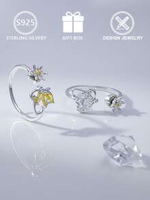 S925 Sterling Silver Bee And Flower Rotating Ring, Featuring Yellow Cubic Zirconia Design. This Open Ring Has A Rotating Design With Insect And Daisy Motifs - Silver - View 5