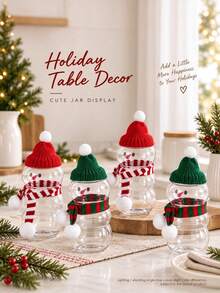 12pcs Christmas Snowman DIY Container Set, Includes 4 Clear Snowman Shaped Jars, 4 Knitted Pom Pom Hats And 4 Striped Scarves, Holiday Snack Storage Containers, Suitable For Christmas Table Decor, Holiday Party Favors And Gift Supplies - Multicolor - View 4