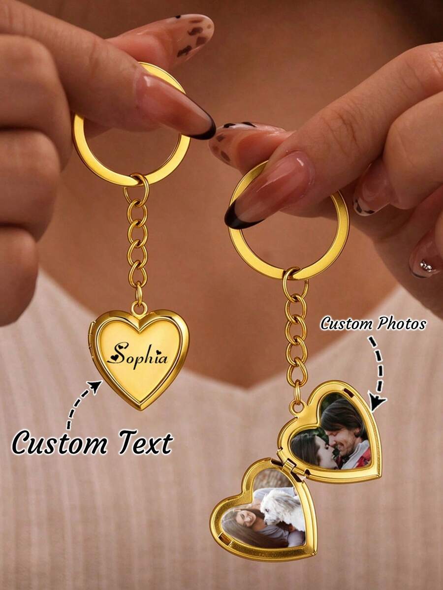Customized Photo Personalized Heart-Shaped Pendant Keychain, Customizable Engraving And Photo, Openable Heart-Shaped Key Ring, Photo Frame Bag Charm, Valentine's Day, Birthday, Anniversary, Couple, Family, Pet Memorial Gift - Multicolor - View 1