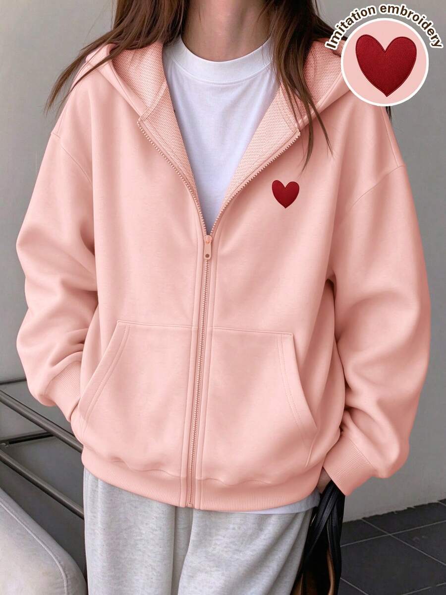 1pc Girls' Zip-Up Hoodie Jacket With Applique Embroidery Red Heart Pattern, Suitable For Tween Girl, Autumn/Winter, Campus Style, Homecoming Outfit - Pink - View 1