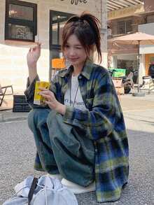 女款格紋長袖襯衫，初秋外套，寬鬆上衣 - 藍綠色 - 查看 1