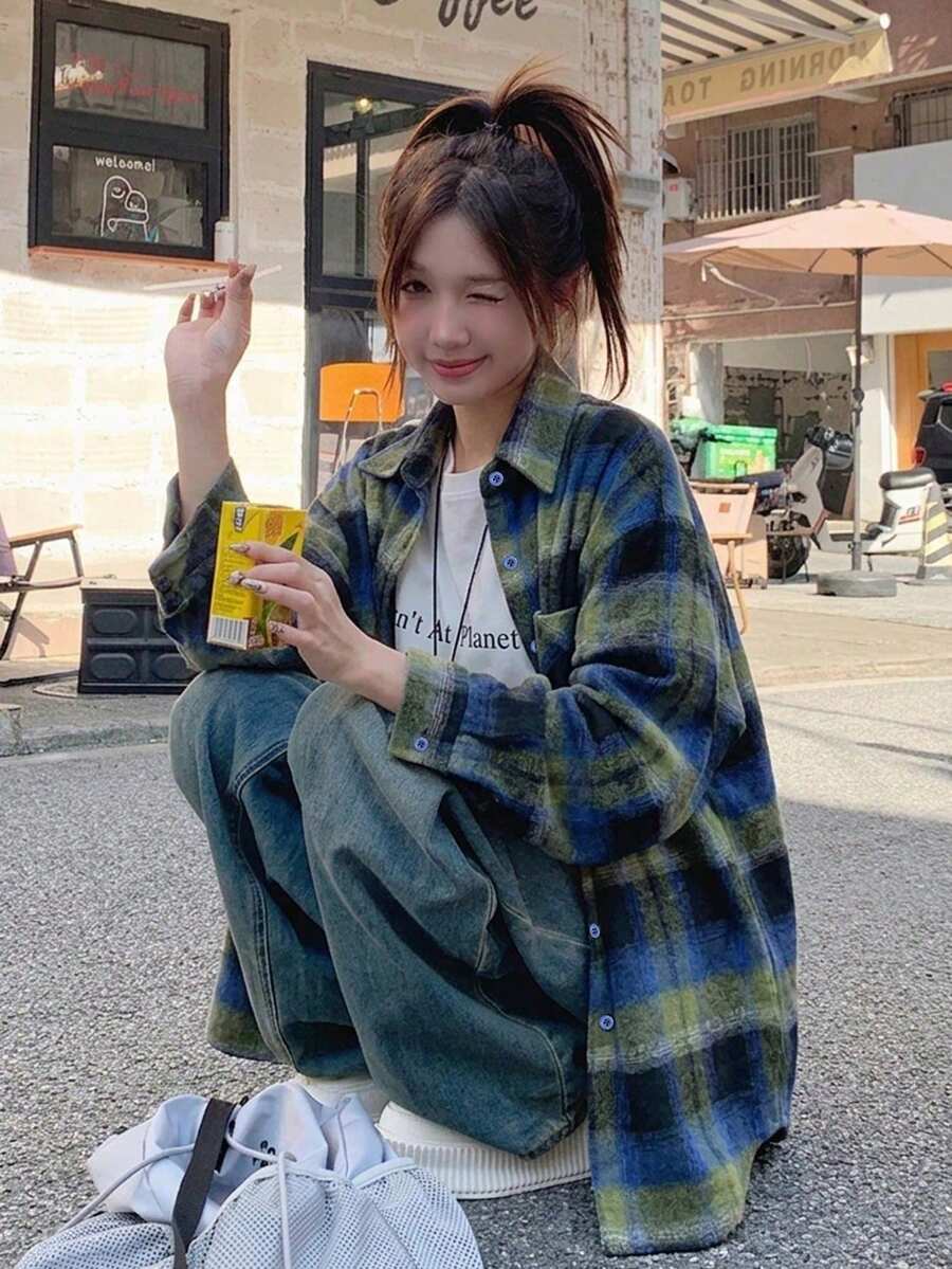 女款格紋長袖襯衫,初秋外套,寬鬆上衣 - 藍綠色 - 查看 1