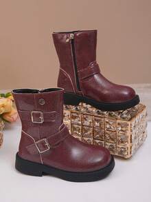 1 Pasang Sepatu Bot Motor Vintage Anak Perempuan dengan Gesper Logam Setinggi Betis - Burgundy - View 7
