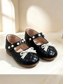 Girls Black PU Mary Jane Shoes With Pearl Buckle, Hook And Loop, Pearl Rhinestone Bow, Flat Soft Sole, Round Toe, All Season Princess Shoes - Black - View 2