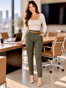 Pantalón de Vestir para Dama con Cinturón. Tela Strech. Ajuste Perfecto Push Up - Verde Oliva - Ver 4