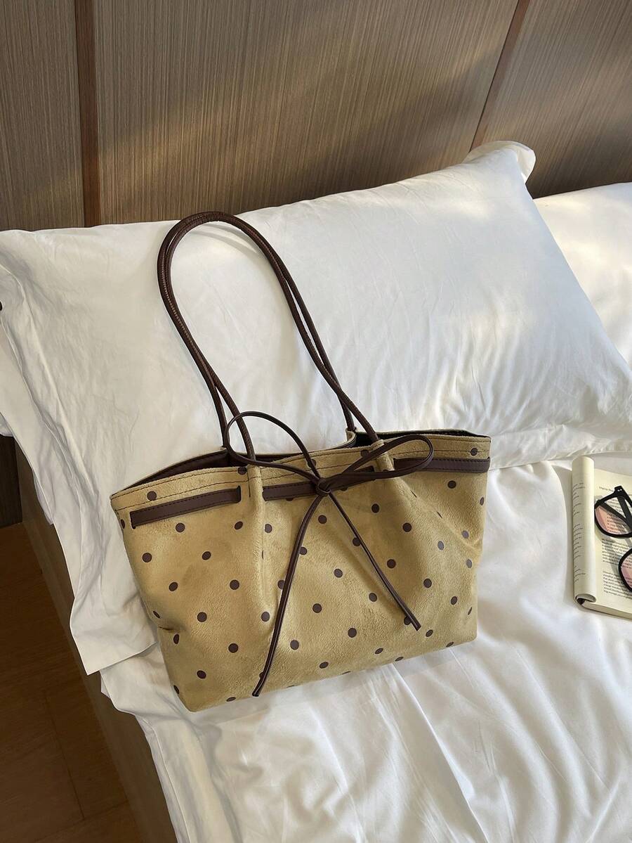 Polka Dot Bow Decor Suede Tote Bag, Large Capacity Daily Commute Shoulder Bag - Khaki - View 1