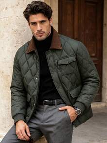 Men's Autumn/Winter Fashion Long Sleeve Contrast Color Padded Coat, Suitable For Daily Commute And Vacation - Green - View 3