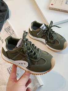 Kids Retro Style Lace-Up Sneakers With Matte Textured Upper & Gum Toe Cap - Lightweight Casual Shoes Non-Slip - Green - View 4