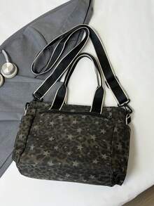New Women's Tote Bag, Canvas Material With Leopard Print And Star Pattern, Shoulder, Crossbody, Hand-Carry, Multiple Carrying Ways For Daily Outings, Shopping And Commuting - Black - View 9