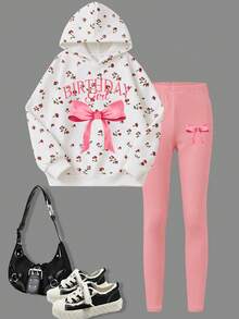 2pcs/Set Hoodie & Leggings Set, Bow Print With Simple Casual Leggings, Comfortable Autumn/Winter New Style - Apricot - View 2