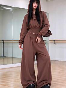 Lurzo Autumn/Winter 2 Pieces Set For Teen GirlBrown Hoodie And Wide Leg Pants, Ribbed Patchwork Casual Sportswear, Y2K, Daily Outdoor/Back To School/Holiday - Brown - View 4