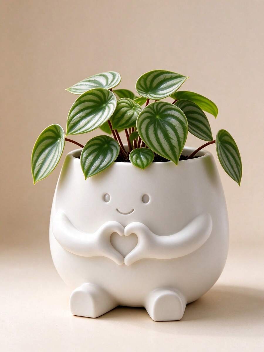 1pc Cute Heart-Shaped Hand Planter, Matte Ceramic Small Plant Pot, Indoor Desktop Succulent Planter, Decorative Home Office Desk Greenery Pot, With Cute Sitting Character Design, Suitable For Daily Room Decor, Mother's Day, Teacher's Day - One Size Fits All - View 1