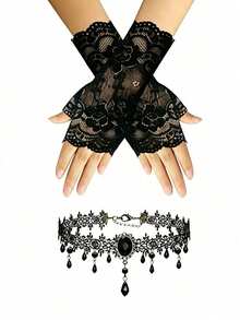 Women's Gothic Style Accessory Set - Black Lace Fingerless Gloves & Velvet Choker Necklace, Suitable For Halloween, Prom, 1920s Themed Party And Gothic Cosplay Events - Multicolor - View 1