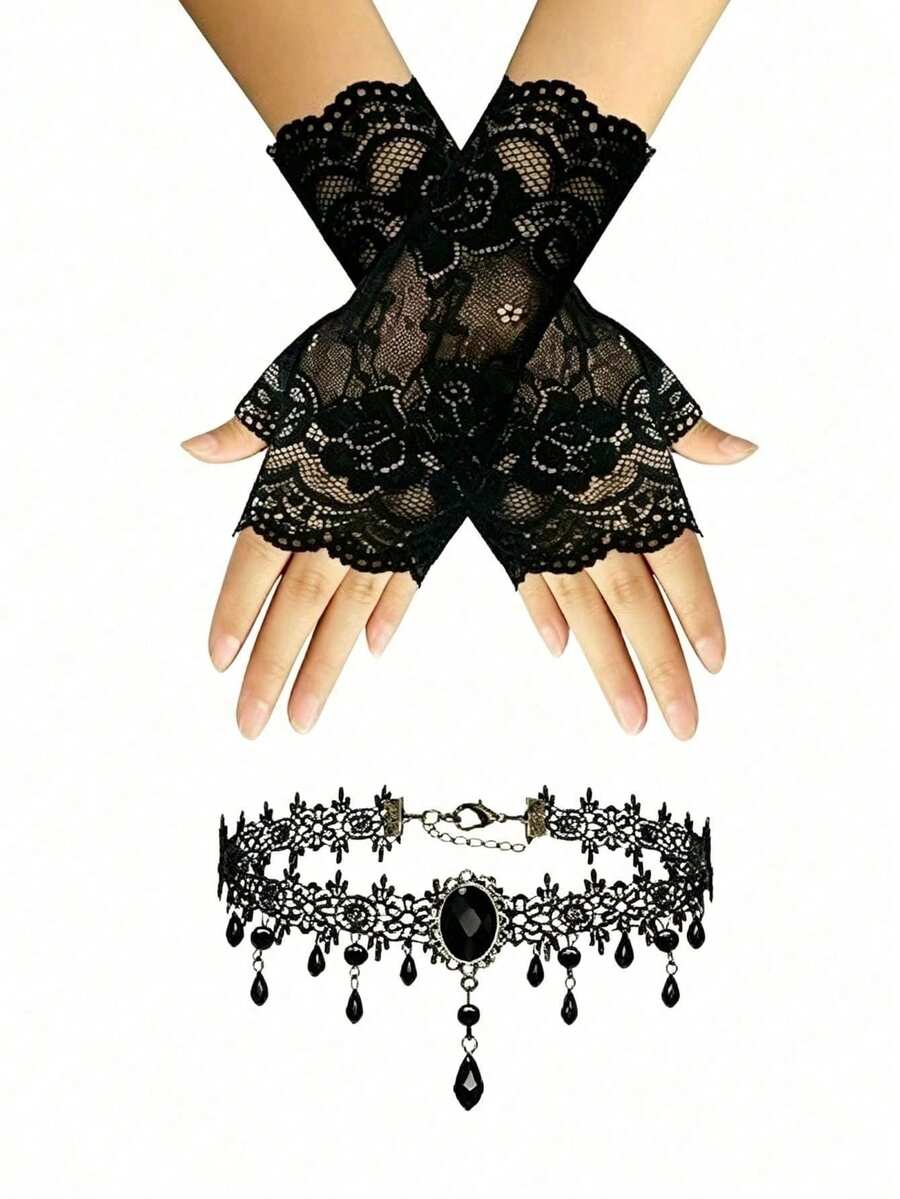 Women's Gothic Style Accessory Set - Black Lace Fingerless Gloves & Velvet Choker Necklace, Suitable For Halloween, Prom, 1920s Themed Party And Gothic Cosplay Events - Multicolor - View 1