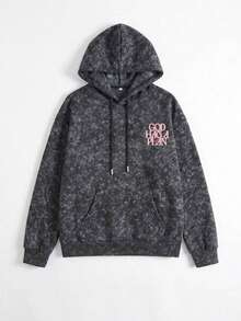 Women's Vintage Washed Distressed Hooded Sweatshirt, Back Letter Print Drop Shoulder Loose Fit Pullover Sportswear - Black - View 2