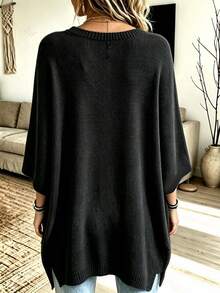 2026 Plus Size Women's Solid Color Round Neck Batwing Sleeve Loose Casual Sweater - Black - View 3