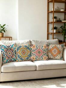 shangxia 4PCS--Vintage Bohemian Mandala Print Pillow Covers, Exotic Carpet Texture Throw Pillow Covers, Living Room Sofa Decorative Cushions (Pillow Inserts Not Included) - (Multiple Sizes) - Multicolor - View 8