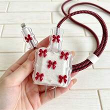 5pcs/Set Burgundy Bow & Bead Design Phone Charger Protective Case 20W/18W, Charging Cable Protector, Charger Head Protective Shell, Compatible With IPhone 13/16/15/14 Charger Protection Set - Burgundy - View 3