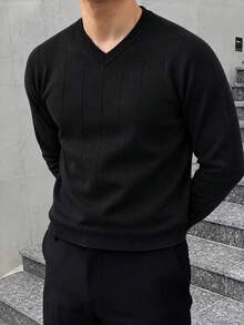 Men's V-Neck Ribbed Knit Sweater, Black Solid Color, Slim Fit, Long Sleeve, Autumn/Winter Pullover, Layering Casual Base Layer - Black - View 8