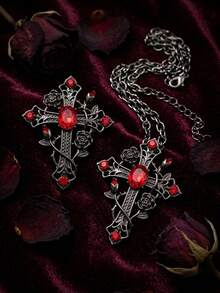 2PCS Dark Gothic Rose Vine Cross Pendant Necklace & Brooch Set For Women Vampire Core Ruby Red Rhinestone Filigree Jewelry Y2K Alt Accessories - Black - View 8