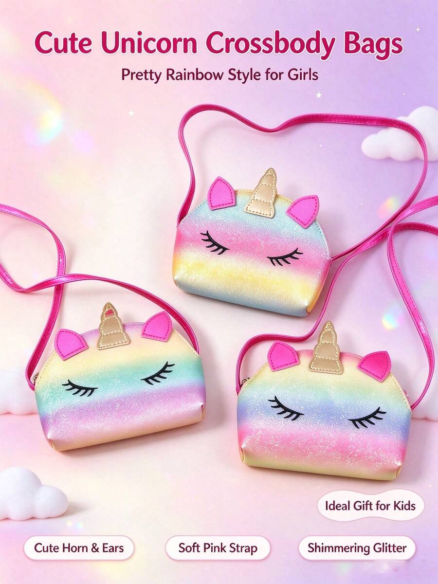 1 buah Tas Selempang Mini Portabel PU Berkilau Dekorasi Unicorn Pelangi untuk Anak Perempuan, Tas Tangan Satu Bahu Gaya Manis, Cocok untuk Jalan-jalan Sehari-hari, Pesta Ulang Tahun - MultiWarna - View 1
