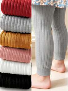 1pc Kids Fashion Autumn/Winter Warm Fitted Leggings, Knitted Fabric Solid Color Ribbed Cropped Length Pants For Dance Practice, Suitable For Girls And Infants - Grey - View 8