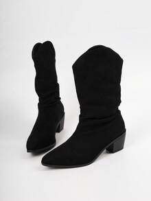 Women's Black Mid-Calf Boots Square Toe Mid-Heel Chunky Heel Ruched Fashion Boots - Black - View 10